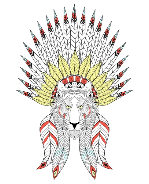 Vector zentangle Tiger with War Bonnet. American headdress with — Stock Vector