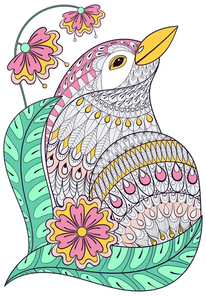 Zentangle exotic bird in colorful flowers. Hand drawn ethnic ani — Stock Vector