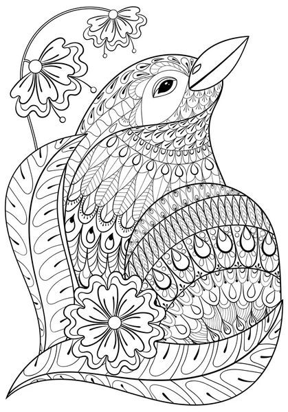 Zentangle pássaro exótico em flores. Animal étnico desenhado à mão para um — Vetor de Stock