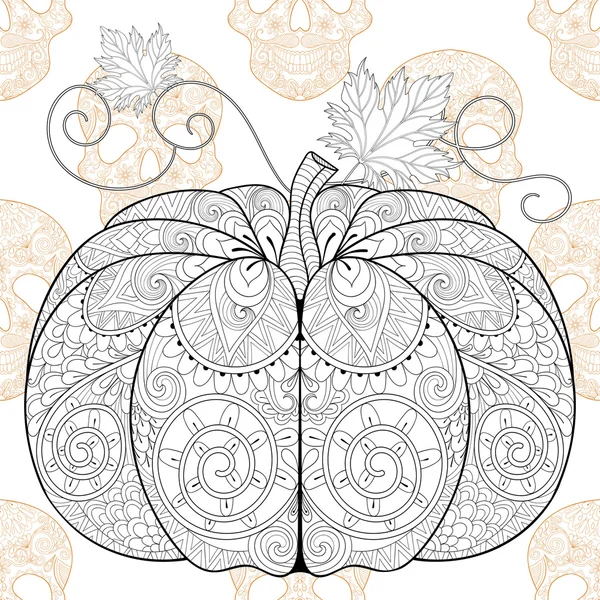 Zentangle stylized  Pumkin on Skull seamless pattern for Hallowe — Διανυσματικό Αρχείο