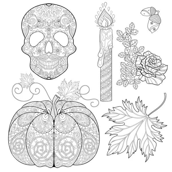 Zentangle stylized  Skull, candle, rose, oak acorn, pumpkin, aut — Stock vektor