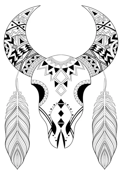Teschio animale stilizzato Zentangle con piume boho. Disegnato a mano e — Vettoriale Stock