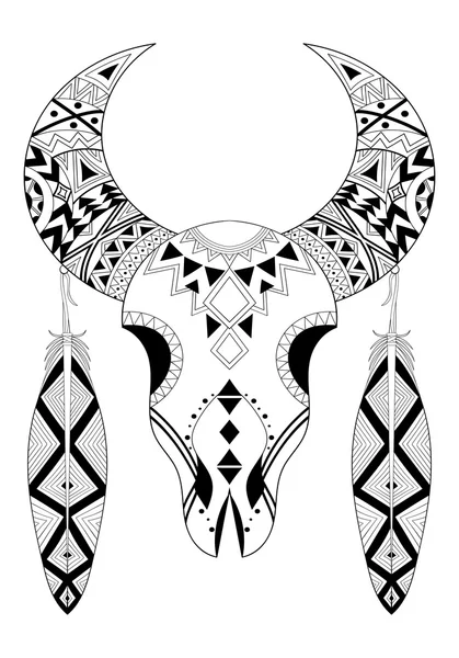 Zentangle Tierschädel mit zwei Federn. Handgezeichnete ethnische Anim — Stockvektor