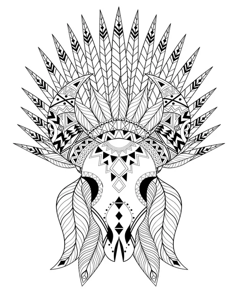 Zentangle stylized Animal Skull with warbonnet. Hand drawn ethni — Stok Vektör