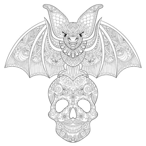 Zentangle stylized Bat seating on sugar Skull for Halloween. Fre — Stock Vector