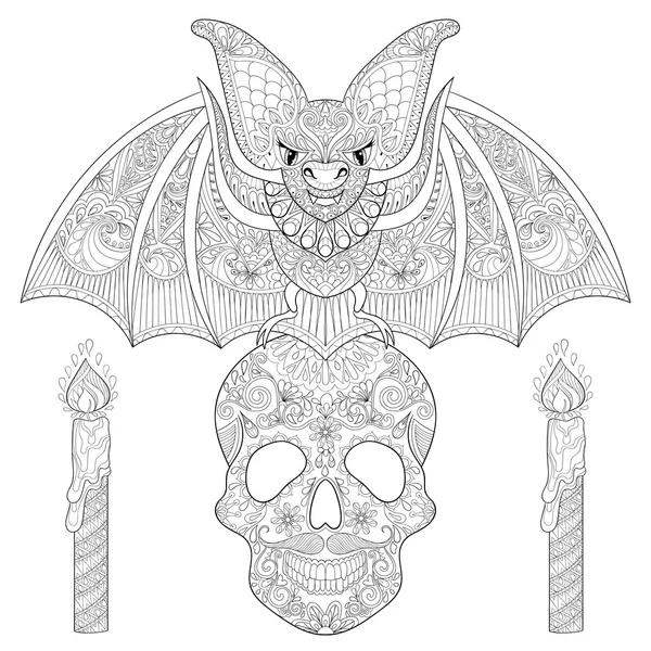 Zentangle stylized Bat seating on sugar Skull with candles for H — Stok Vektör