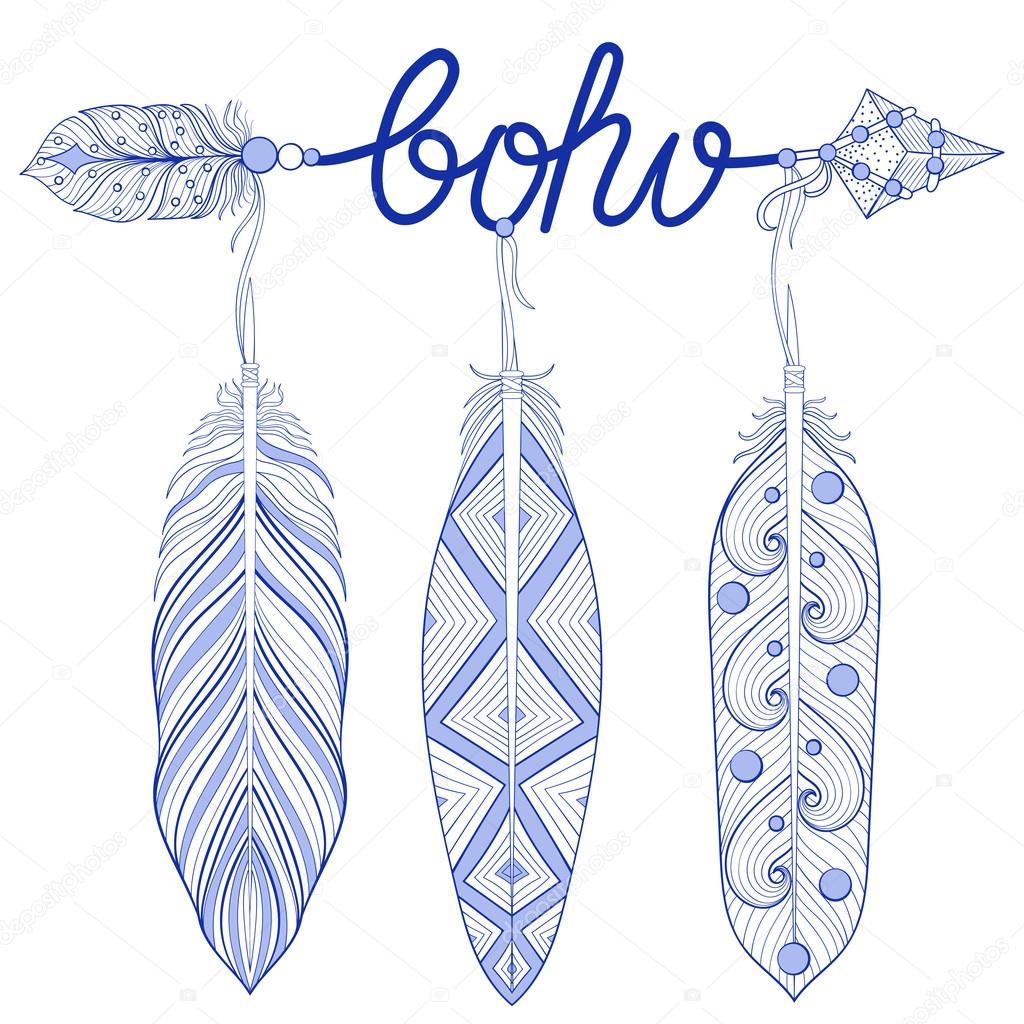 Blue Bohemian Arrow, Amulet, letters Boho  with henna feathers. 