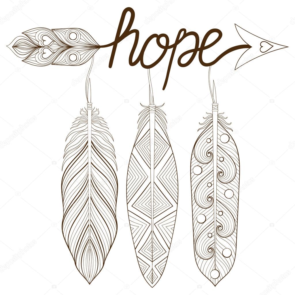 Bohemian Arrow, Hand drawn Amulet, letters Hope with henna feath