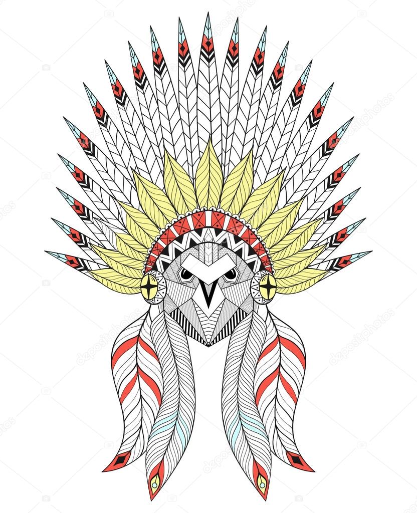 Vector zentangle Owl with War Bonnet. American native headdress 