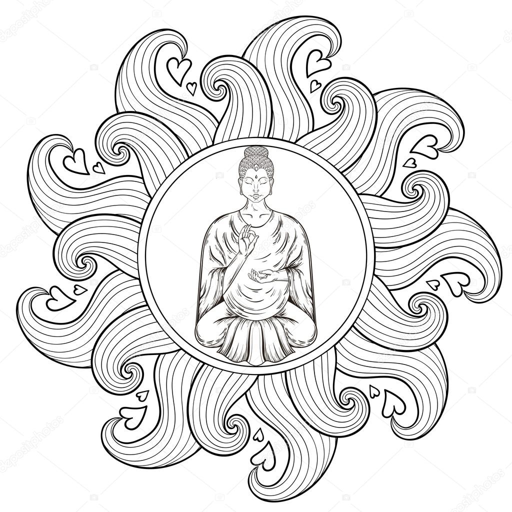 Download Vector Sitting Buddha in Lotus pose, in waves mandala ...