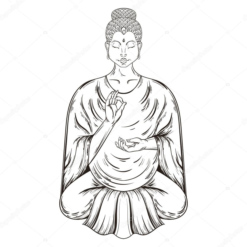Vector Sitting Buddha in Lotus pose, teaching Buddhism, tattoo a Stock
