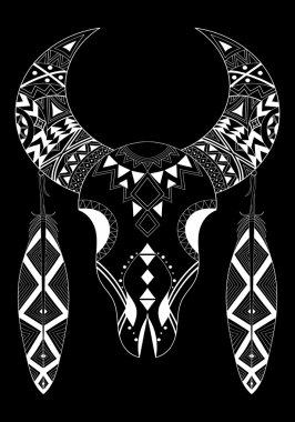 Zentangle stylized black Animal Skull with two feathers. Hand dr