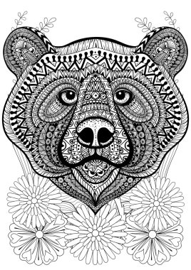 Zentangle stylized bear face on flowers. Hand drawn ethnic anima