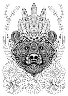 Zentangle stylized bear with war bonnet on flowers. Hand drawn e