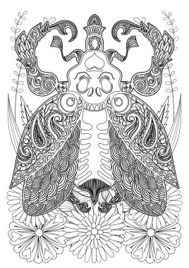 Zentangle stylized bug on grass and flowers. Hand drawn ethnic i