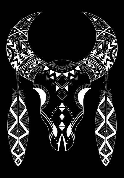 Cráneo de animal negro estilizado Zentangle con dos plumas. Mano dr — Archivo Imágenes Vectoriales