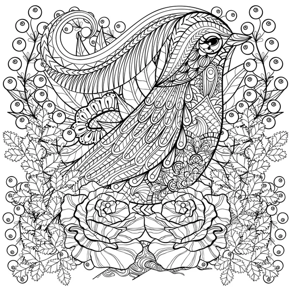 Zentangle stylized Bird in roses, sunflowers. Freehand sketch fo — Stockový vektor