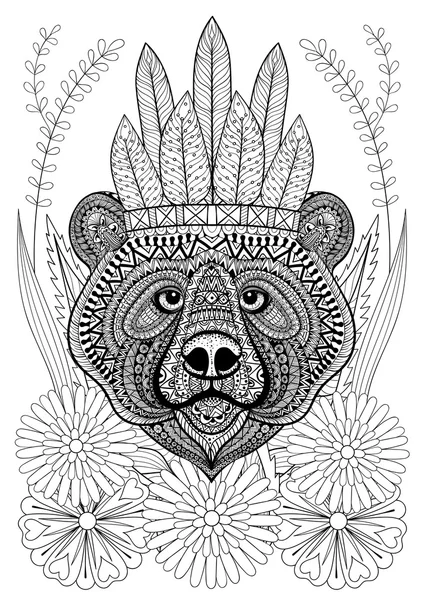 Oso estilizado Zentangle con sombrero de guerra sobre flores. Dibujado a mano e — Archivo Imágenes Vectoriales