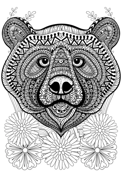 Zentangle orso stilizzato faccia sui fiori. Anima etnica disegnata a mano — Vettoriale Stock