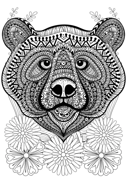 Zentangle cara de oso estilizado en las flores. Anima étnico dibujado a mano — Vector de stock