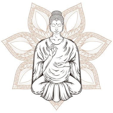 Vektör Oturan Buda Lotus poz, kına mandala izole, 