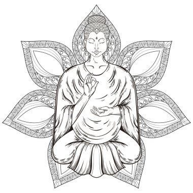 Lotus poz Vektör Oturan Buda, mandala izole, teachi