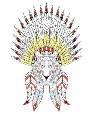 Vektör zentangle Tiger Savaş Bonnet ile. Amerikan başlık ile 