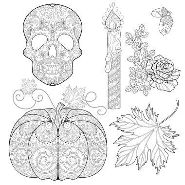 Zentangle stylized  Skull, candle, rose, oak acorn, pumpkin, aut