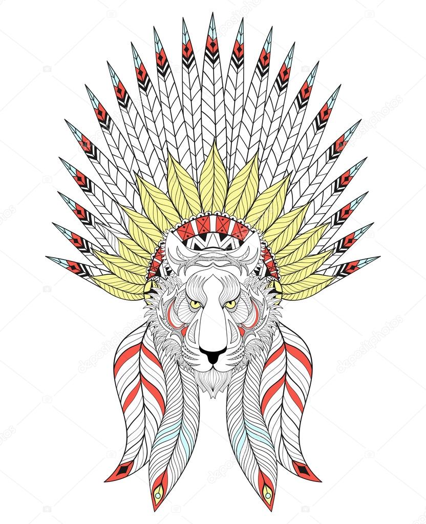 Vector zentangle Tiger with War Bonnet. American headdress with 