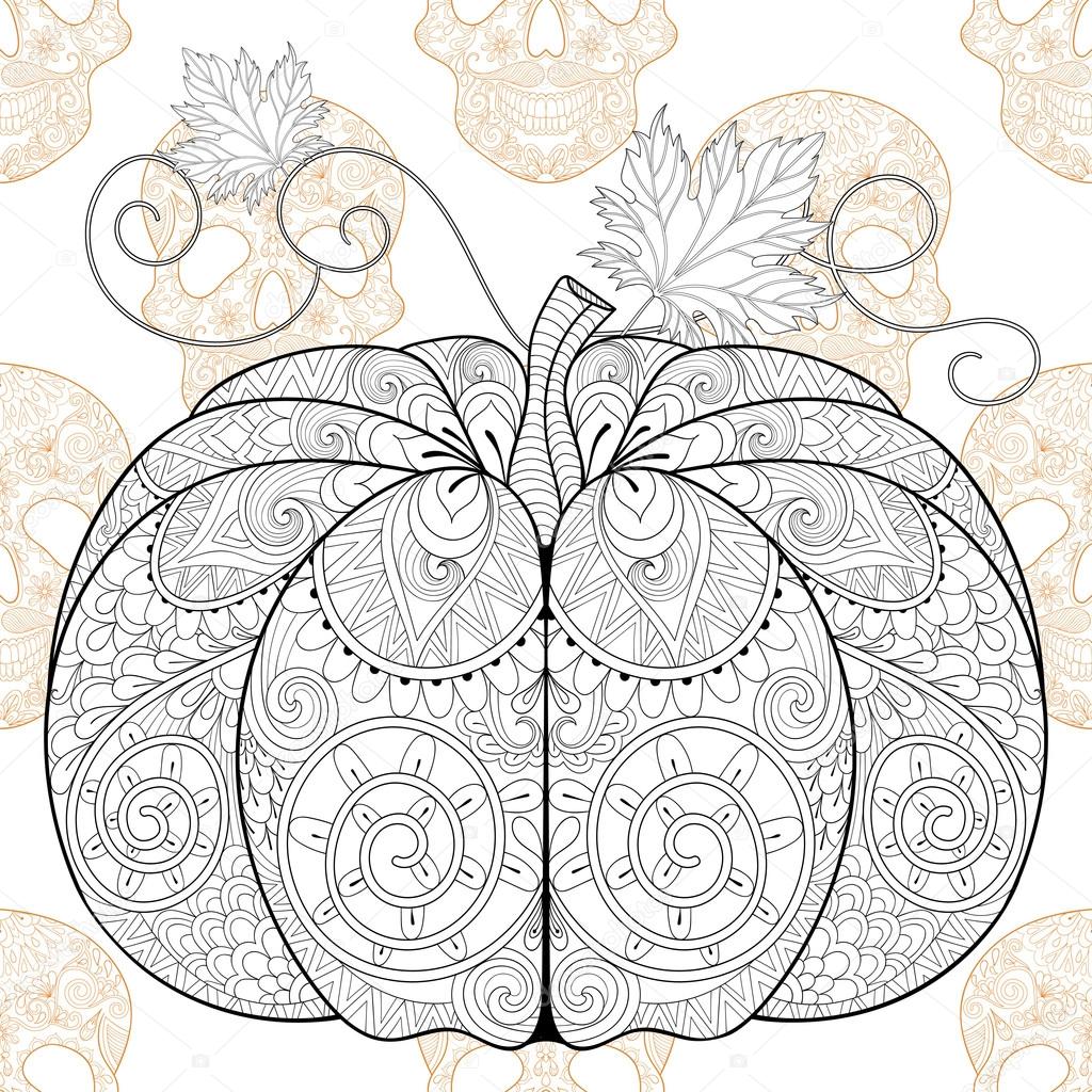 Zentangle stylized  Pumkin on Skull seamless pattern for Hallowe