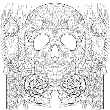 Zentangle stylized Skull with candles, roses, ears for Halloween