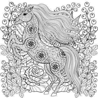 Zentangle stylized Unicorn on roses, sunflowers. Freehand sketch