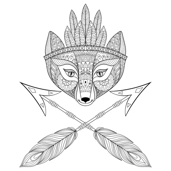 Zentangle testa di volpe selvatica con cuffia da guerra indiana e frecce. Mano — Vettoriale Stock