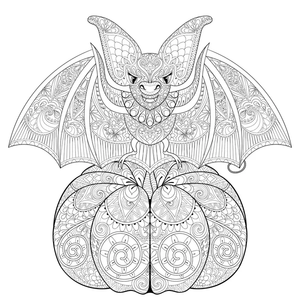 Zentangle stylized seating Bat on Pumpkin for Halloween. Freehan — Stock Vector