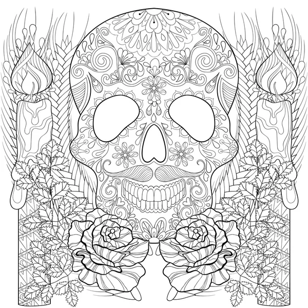 Zentangle stylized Skull with candles, roses, ears for Halloween — Stok Vektör