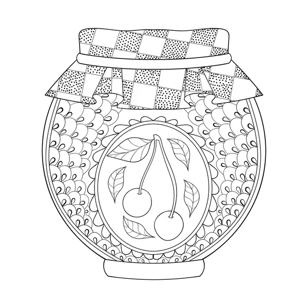 Tarro estilizado Zentangle con mermelada de cereza. Bosquejo a mano alzada para adul — Archivo Imágenes Vectoriales