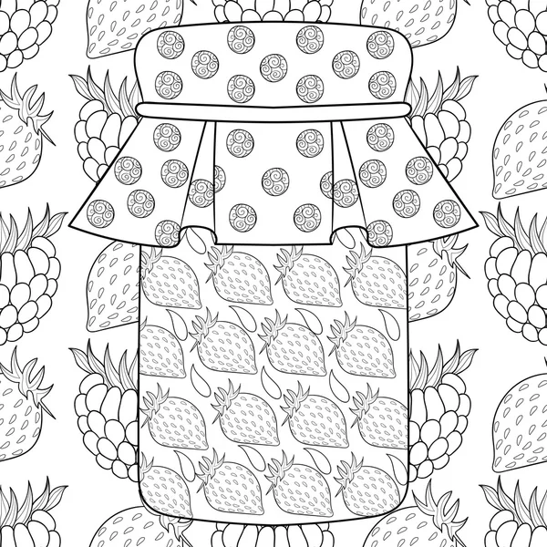 Zentangle stylized jar with strawberry jam on berries background — Stock Vector