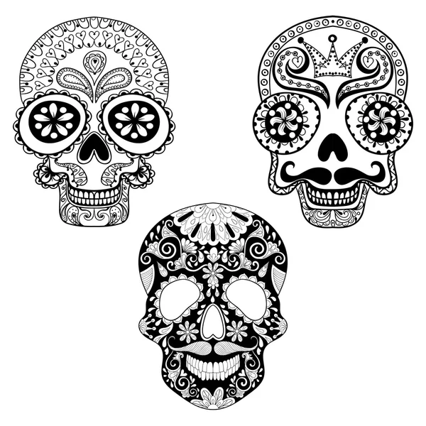 Conjunto de calaveras estampadas estilizadas Zentangle para colo adulto de Halloween — Archivo Imágenes Vectoriales