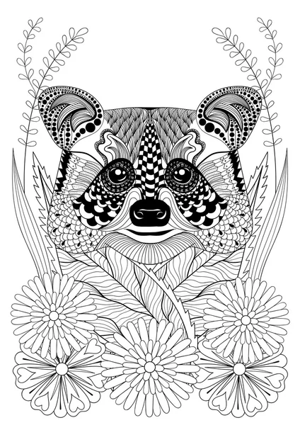 Cabeza de mapache estilizada Zentangle sobre flores. Dibujado a mano étnica an — Archivo Imágenes Vectoriales