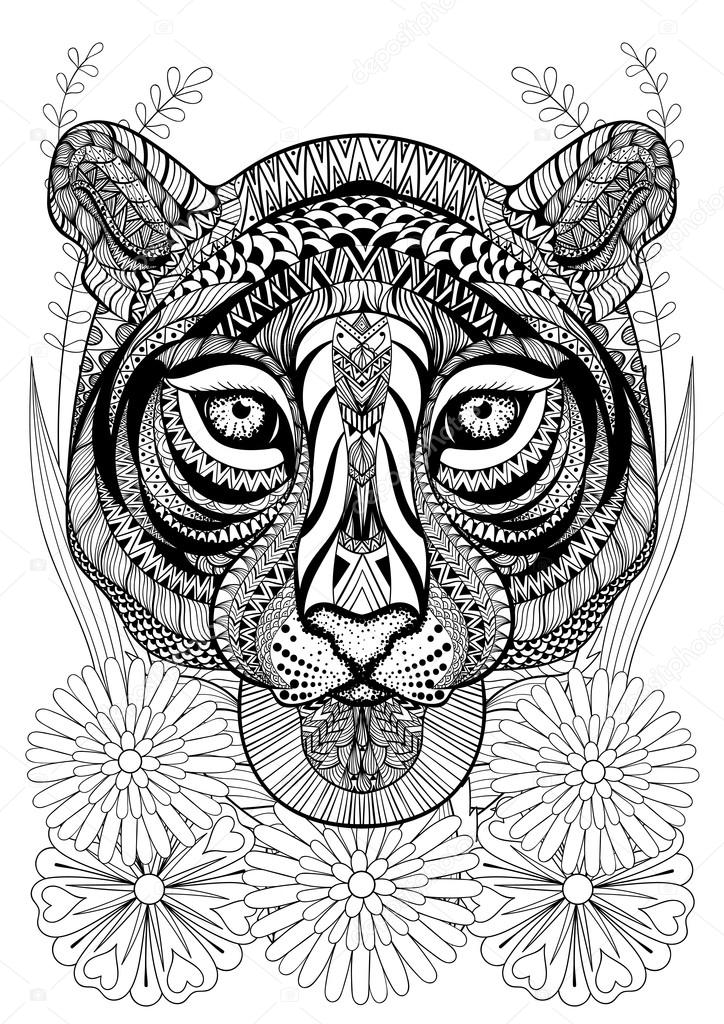Zentangle stylized tiger face on flowers. Hand drawn ethnic anim
