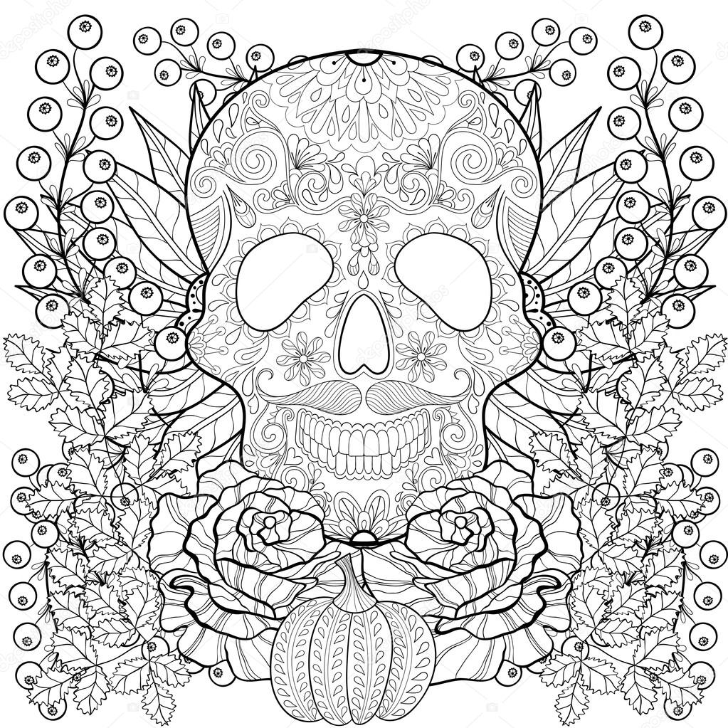 Zentangle Stylized Skull With Pumpkin Rose Sunflower For Halloween Freehand Sketch Adult Anti Stress Coloring Page Autumn Doodle Elements