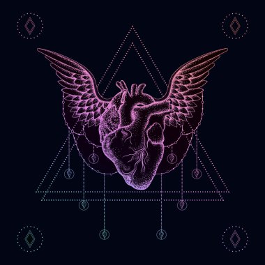 Kanatları ile Kalp, boho renk nokta dövme. Bohem vektör iii