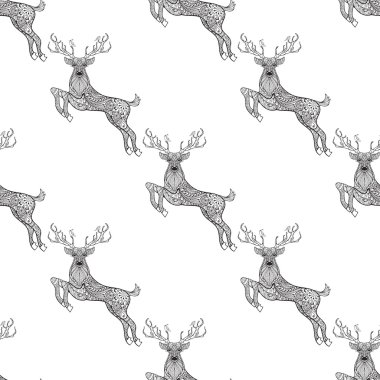 Zentangle tarzında sihirli boynuzlu geyik dikişsiz desen. Freehand 
