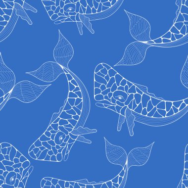 Zentangle tarzısperm Balina mavi dikişsiz desen. Freehand s