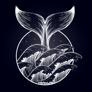 Whale tail in sea waves, boho blackwork tattoo. Ocean line art d