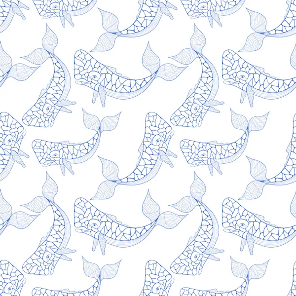 Blue Sperm Whale seamless pattern in Zentangle style. Freehand s — Stock Vector