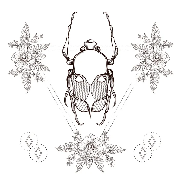 Tatuaje Boho. Escarabajo Blackwork, puede error en el marco del triángulo hipster — Archivo Imágenes Vectoriales