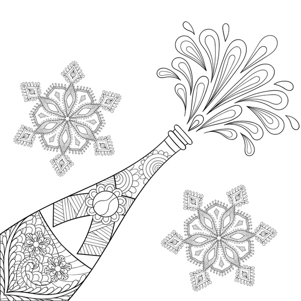 Bottiglia esplosione champagne, fiocchi di neve in stile zentangle. Freeh — Vettoriale Stock