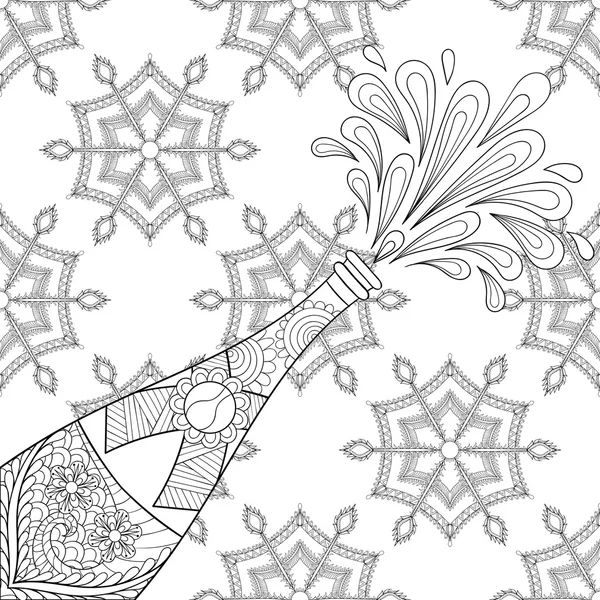 Champagne explosion bottle on snowflakes, zentangle style. Freeh — Stock Vector