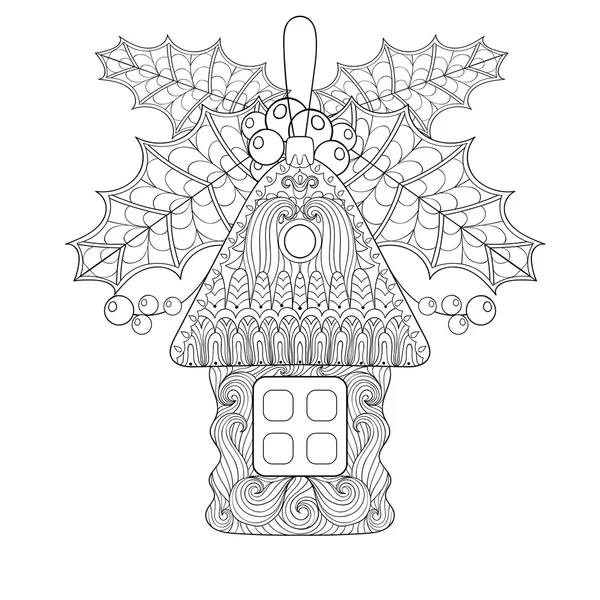 Jouet sapin de Noël en forme de maison avec gui en zentangle — Image vectorielle